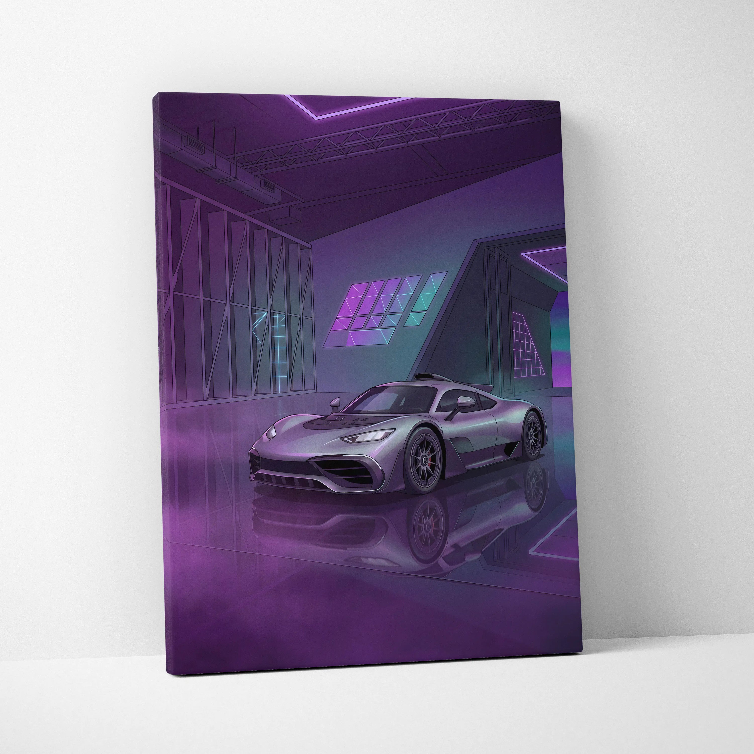Mercedes-AMG One Inspired Silver Purple Canvas Wall Art, Neon Vaporwave Hypercar Artwork for Modern Garage Decor