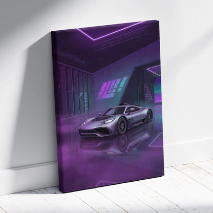Mercedes-AMG One Inspired Silver Purple Canvas Wall Art, Neon Vaporwave Hypercar Artwork for Modern Garage Decor