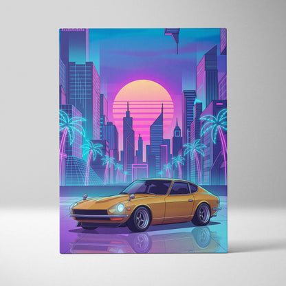 Datsun 240Z Inspired Gold Purple Canvas Wall Art, Neon Vaporwave JDM Classic Sports Car Artwork for Retro Garage Decor