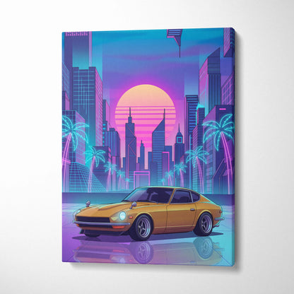 Datsun 240Z Inspired Gold Purple Canvas Wall Art, Neon Vaporwave JDM Classic Sports Car Artwork for Retro Garage Decor