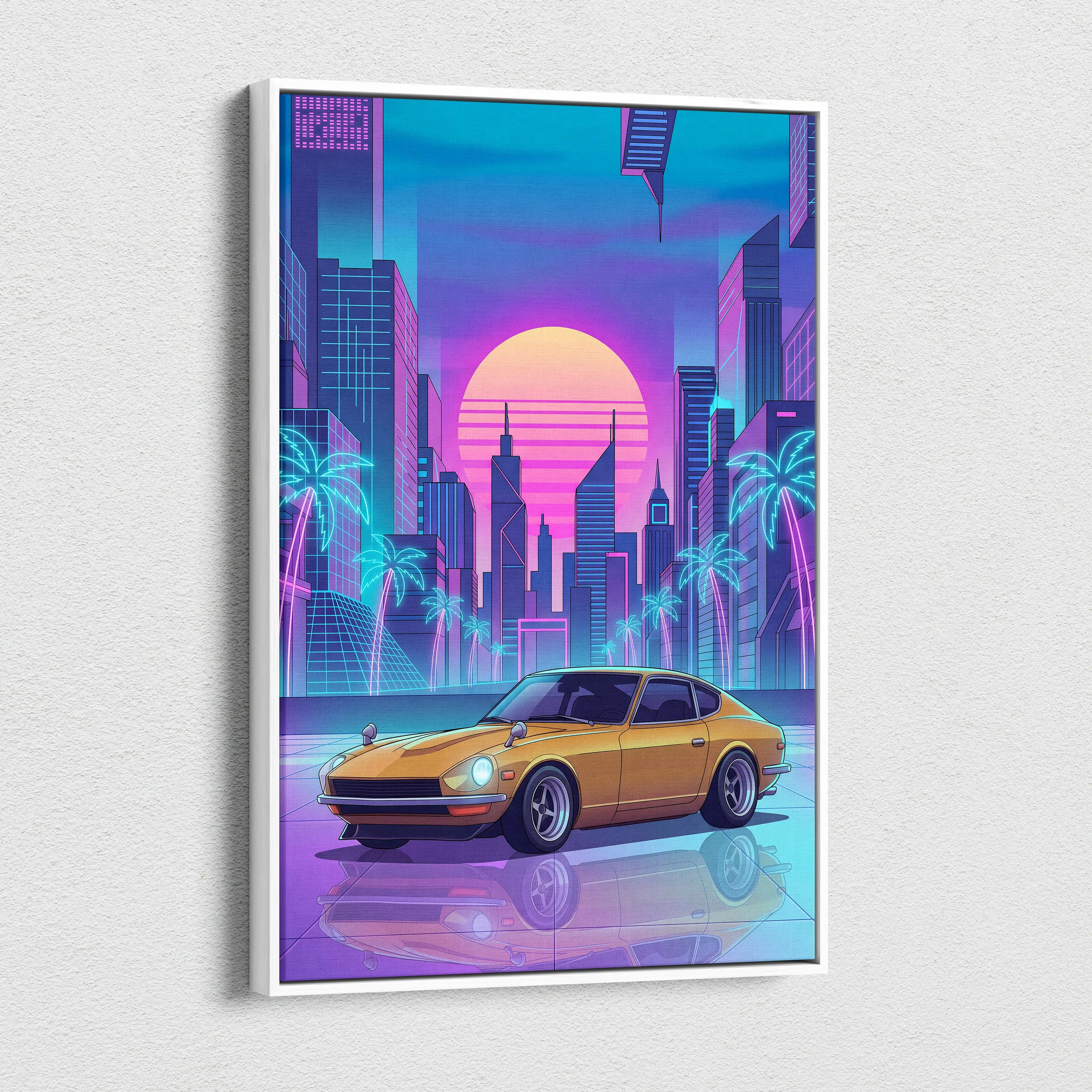 Datsun 240Z Inspired Gold Purple Canvas Wall Art, Neon Vaporwave JDM Classic Sports Car Artwork for Retro Garage Decor