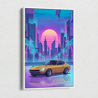 Datsun 240Z Inspired Gold Purple Canvas Wall Art, Neon Vaporwave JDM Classic Sports Car Artwork for Retro Garage Decor