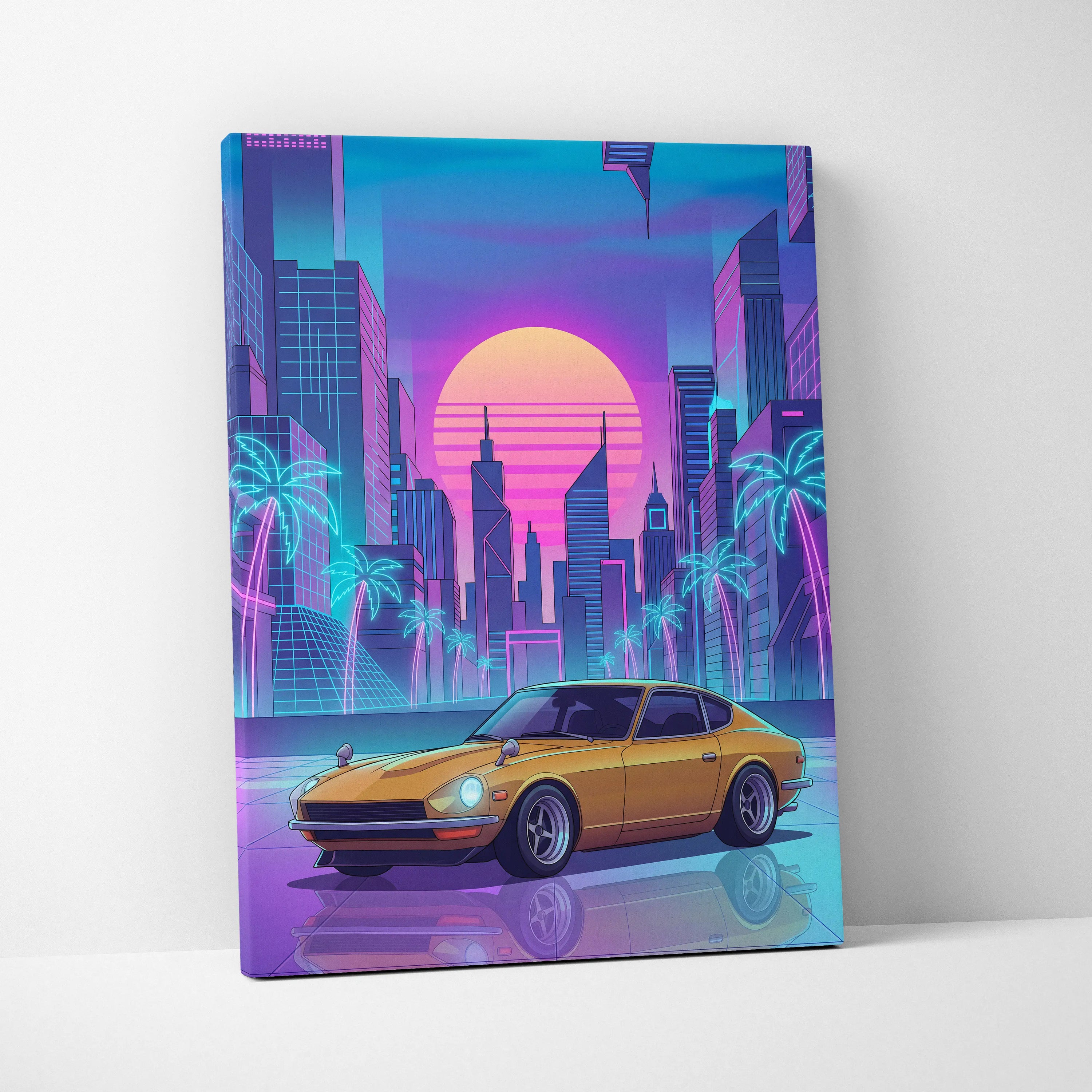 Datsun 240Z Inspired Gold Purple Canvas Wall Art, Neon Vaporwave JDM Classic Sports Car Artwork for Retro Garage Decor
