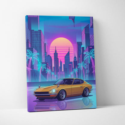 Datsun 240Z Inspired Gold Purple Canvas Wall Art, Neon Vaporwave JDM Classic Sports Car Artwork for Retro Garage Decor