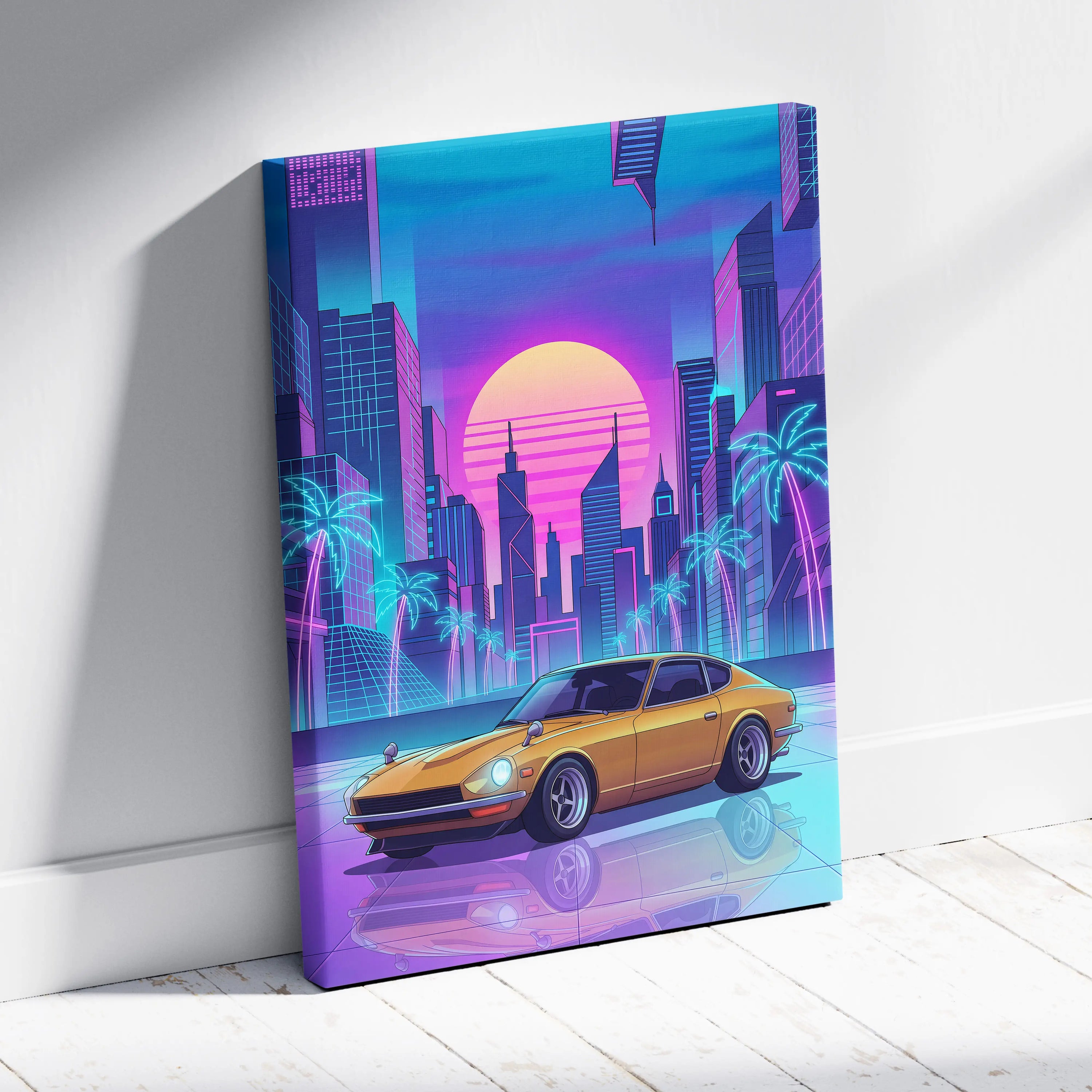 Datsun 240Z Inspired Gold Purple Canvas Wall Art, Neon Vaporwave JDM Classic Sports Car Artwork for Retro Garage Decor