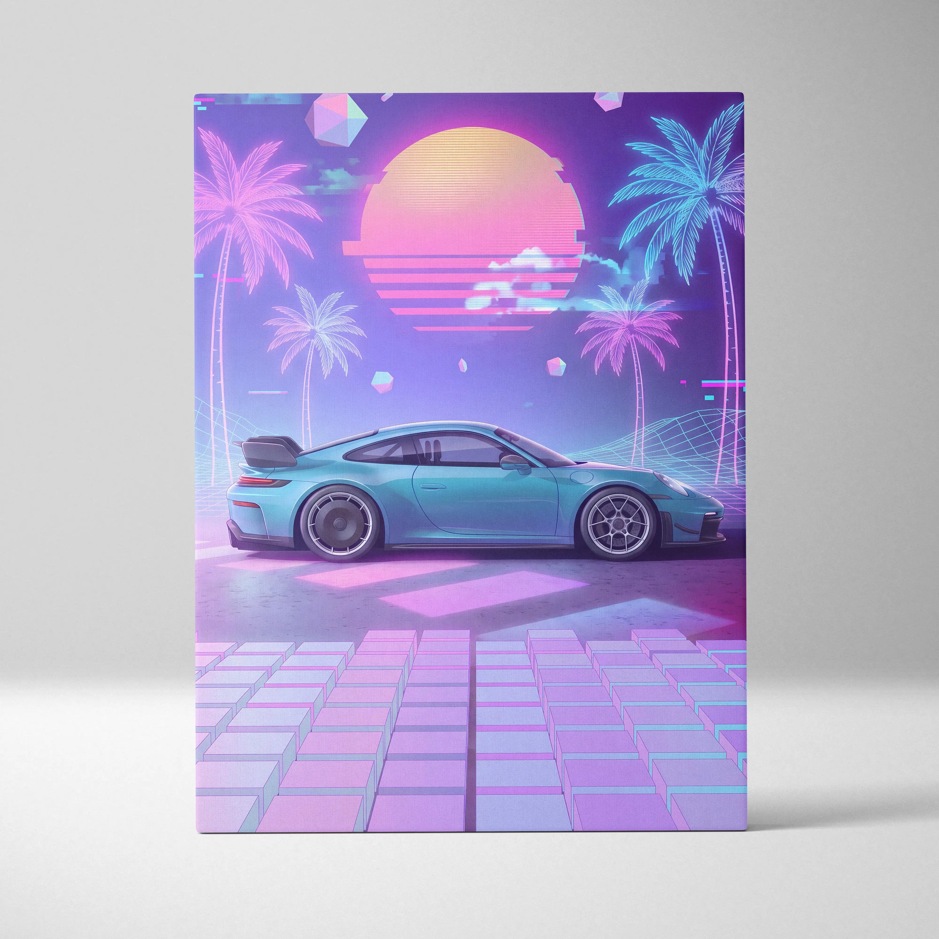 Porsche 911 GT3 Inspired Neon Vaporwave Sunset Canvas - Car Art Neon Pink Nostalgic Mood Retro Futurism Canvas