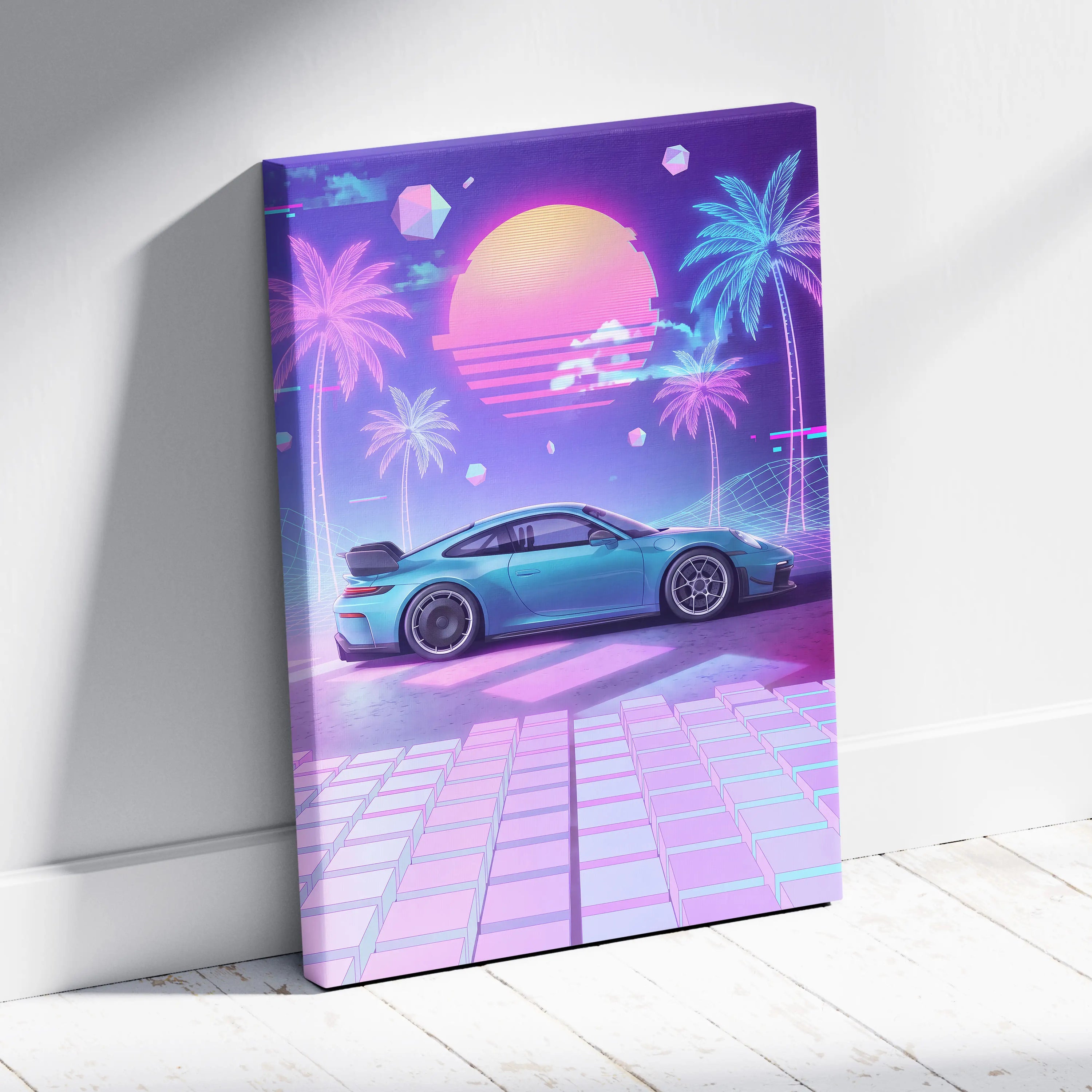 Porsche 911 GT3 Inspired Neon Vaporwave Sunset Canvas - Car Art Neon Pink Nostalgic Mood Retro Futurism Canvas