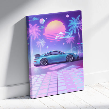 Porsche 911 GT3 Inspired Neon Vaporwave Sunset Canvas - Car Art Neon Pink Nostalgic Mood Retro Futurism Canvas