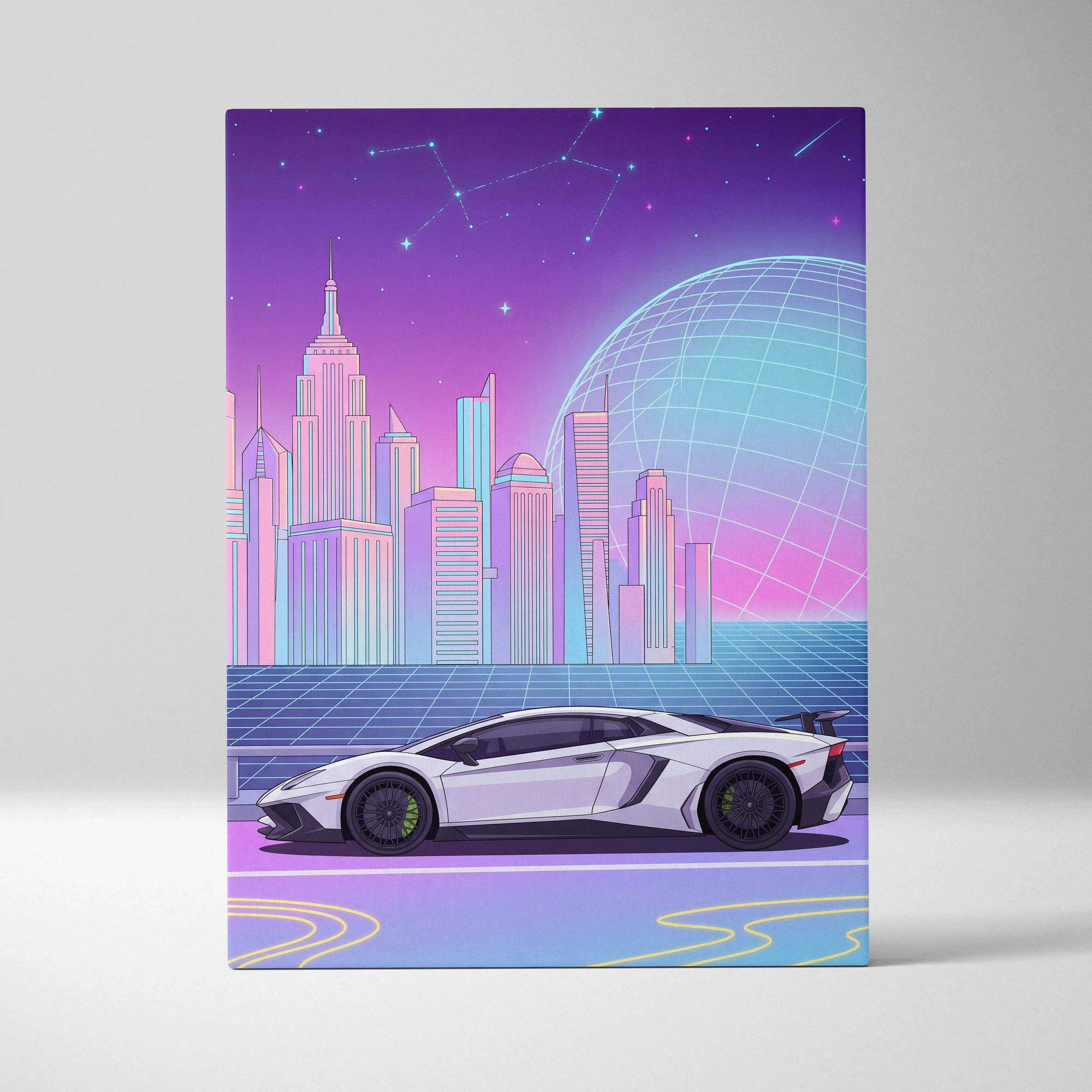 Nebula-themed canvas print of a white lamborghini aventador sv with black rims in a neon vaporwave cityscape