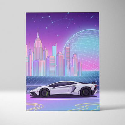 Lamborghini Aventador SV Inspired - Neon Vaporwave City Canvas - Vaporwave Purple Pink Blue Living Room Retro-Futurism