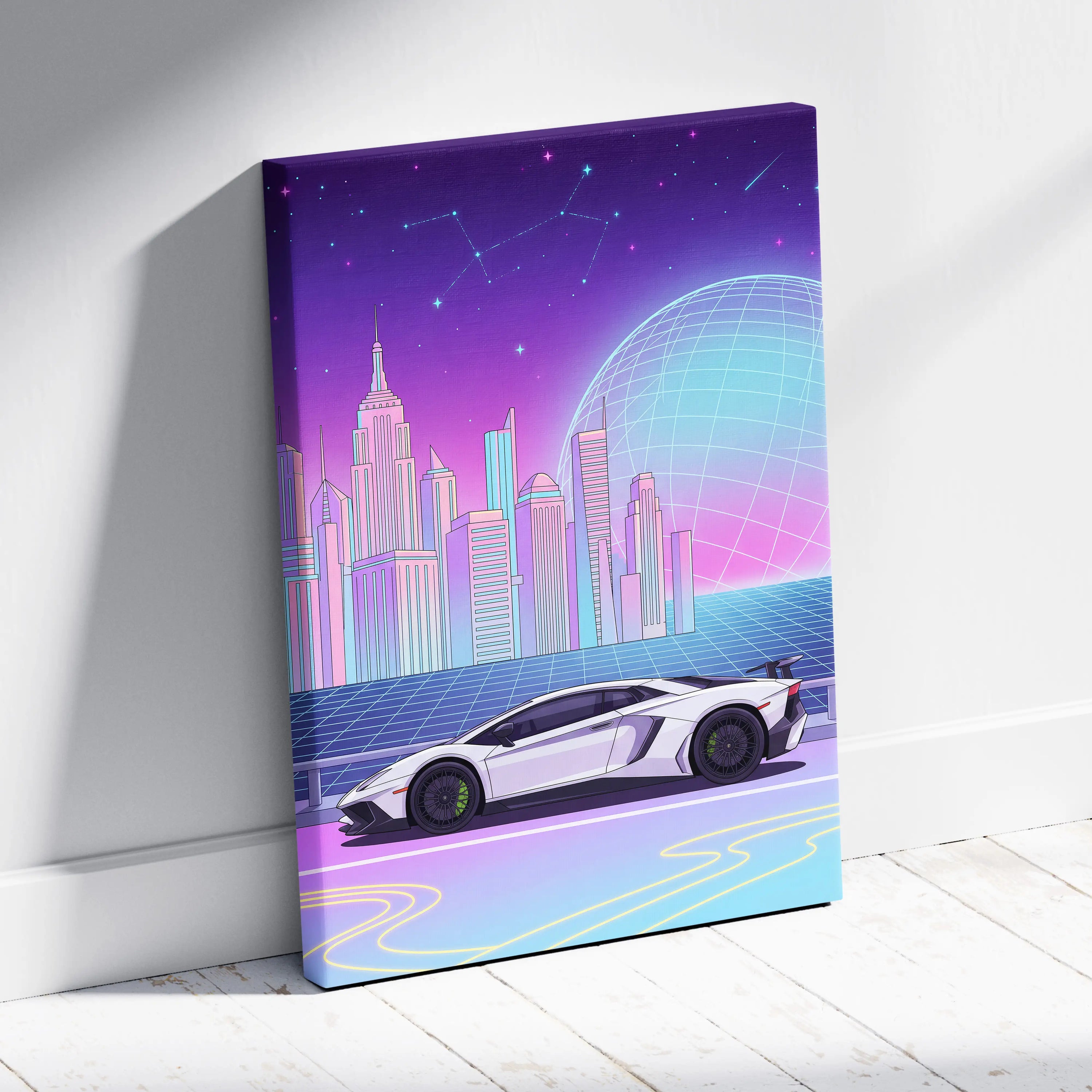 Lamborghini Aventador SV Inspired - Neon Vaporwave City Canvas - Vaporwave Purple Pink Blue Living Room Retro-Futurism