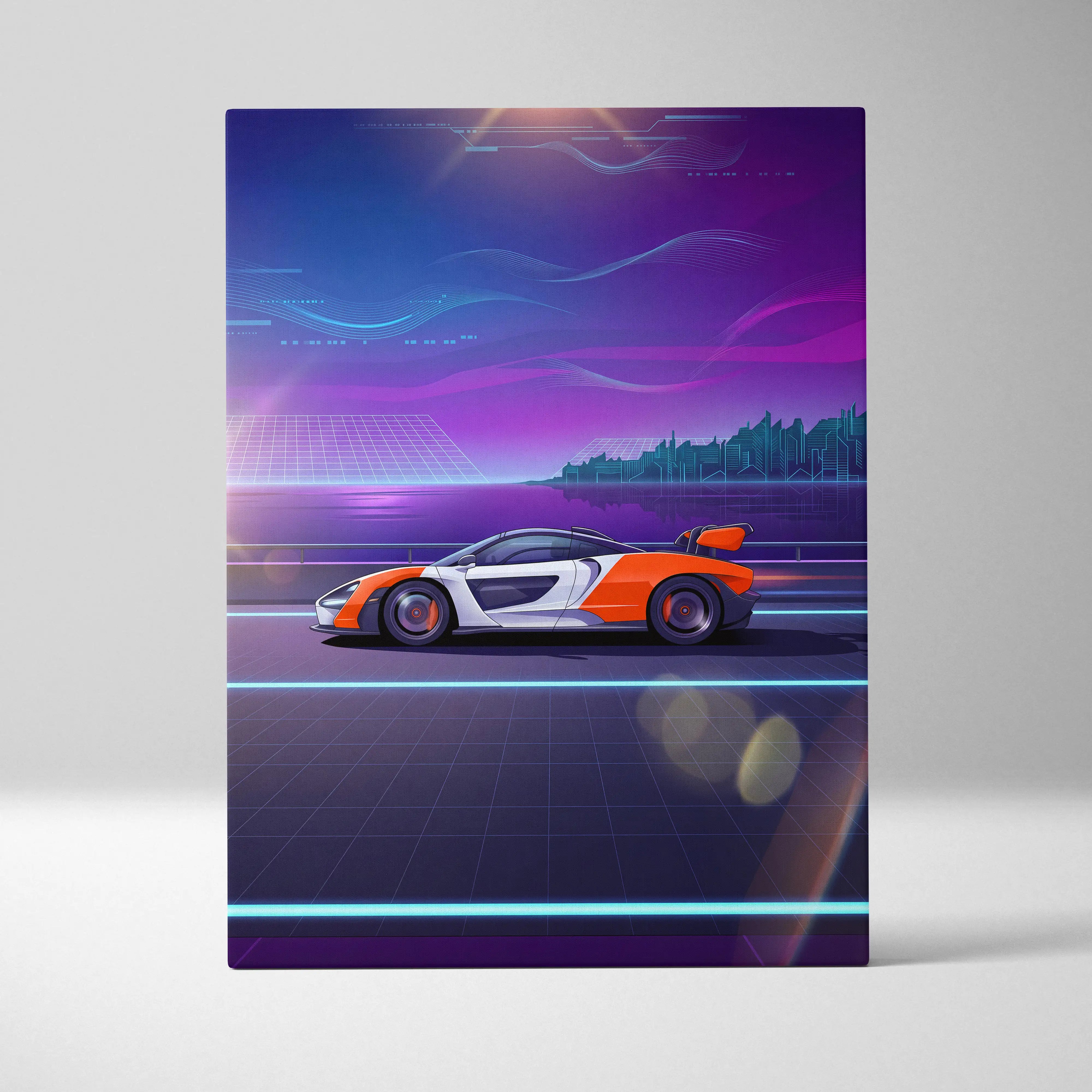 A sleek orange and white McLaren Senna inspired sports car in vibrant neon vaporwave digital art canvas