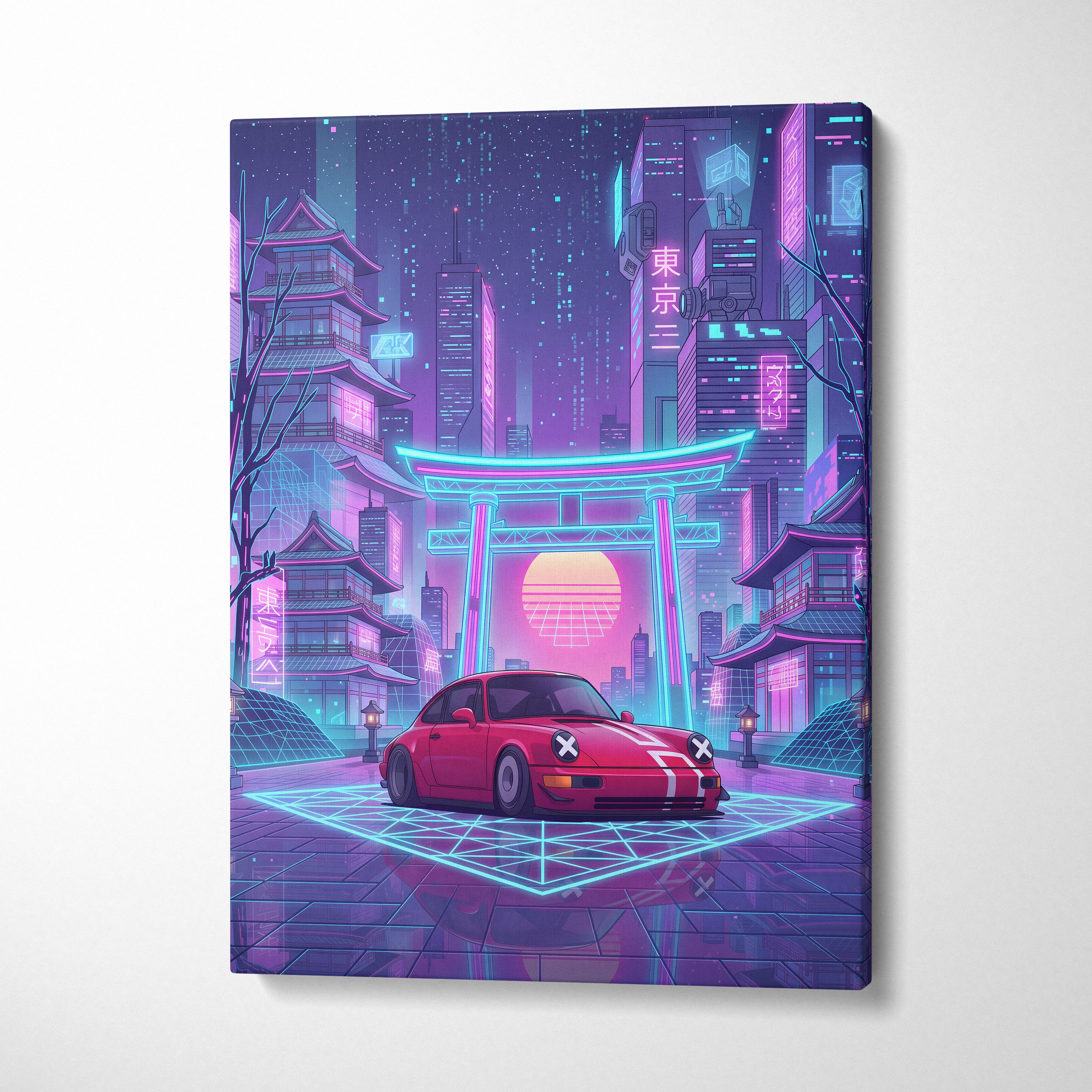 Classic Porsche 911 Inspired Neon Vapor City Drive - Car Neon Pink Blue Living Room Vaporwave Moody Retro Synthwave Canvas
