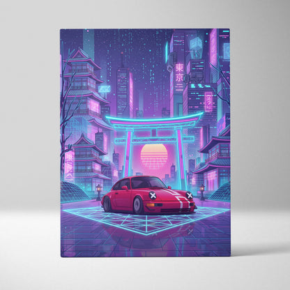 Classic Porsche 911 Inspired Neon Vapor City Drive - Car Neon Pink Blue Living Room Vaporwave Moody Retro Synthwave Canvas