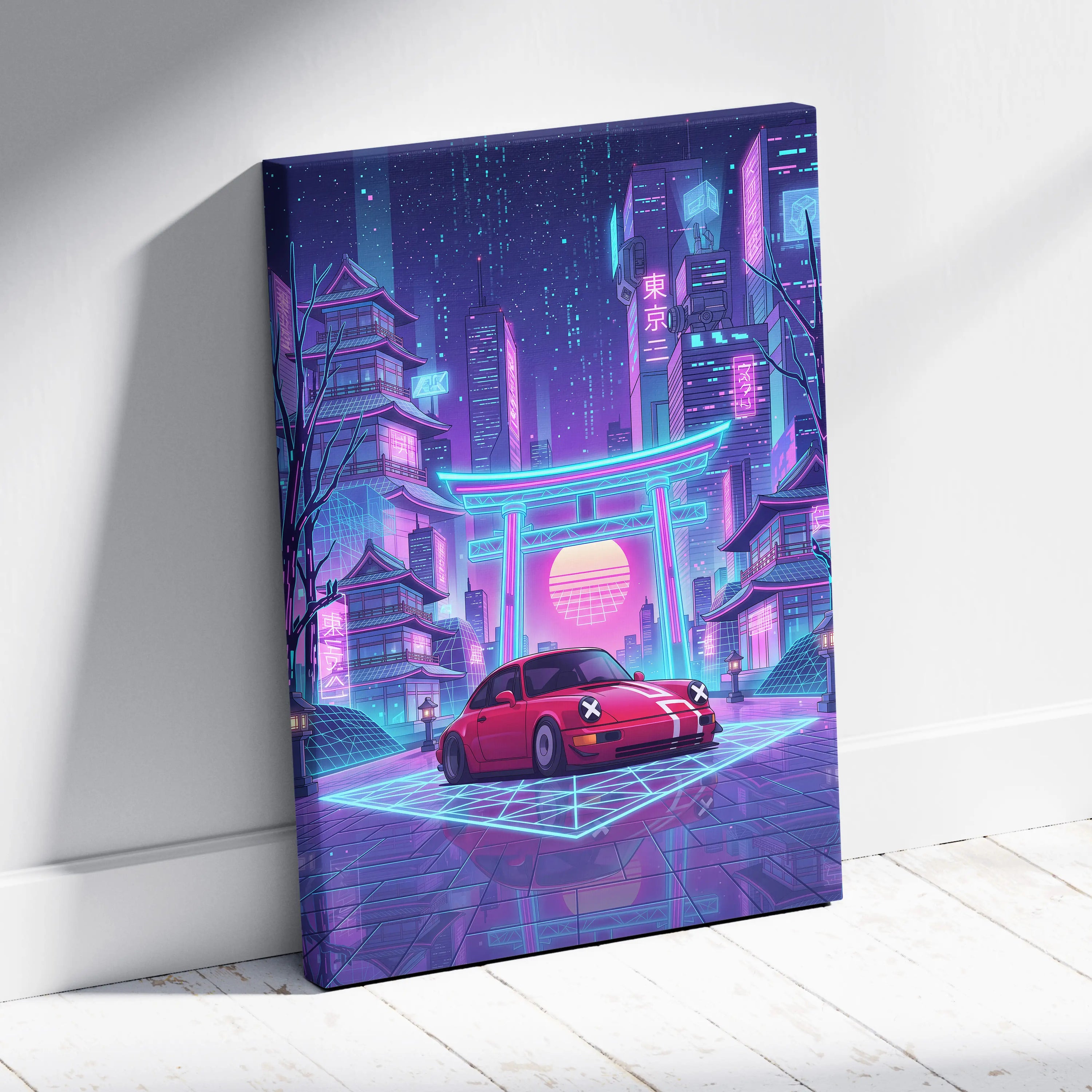 Classic Porsche 911 Inspired Neon Vapor City Drive - Car Neon Pink Blue Living Room Vaporwave Moody Retro Synthwave Canvas