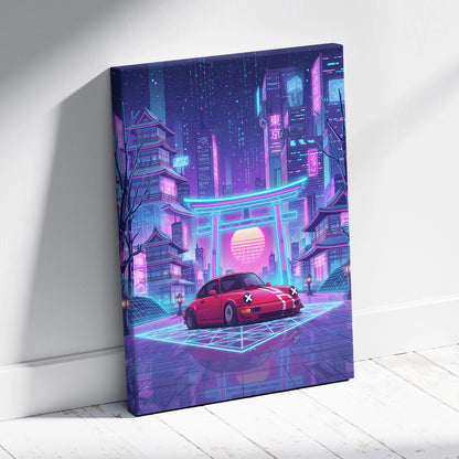 Classic Porsche 911 Inspired Neon Vapor City Drive - Car Neon Pink Blue Living Room Vaporwave Moody Retro Synthwave Canvas