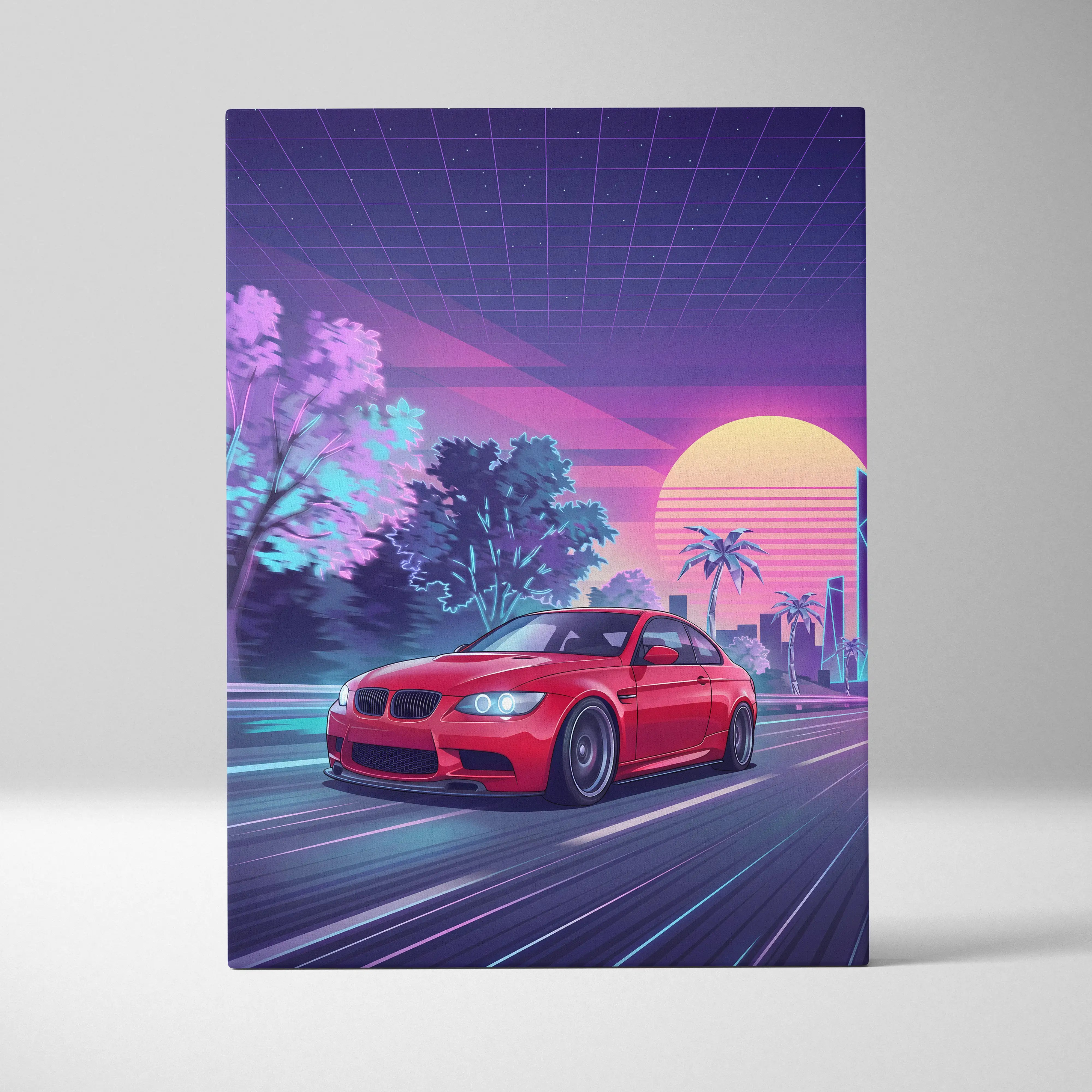 BMW M3 Inspired Neon Sunset Drive Canvas - Car Art Neon Pink Purple Living Room Decor Vaporwave Retro-Futurism - Nostalgic Mood Canvas
