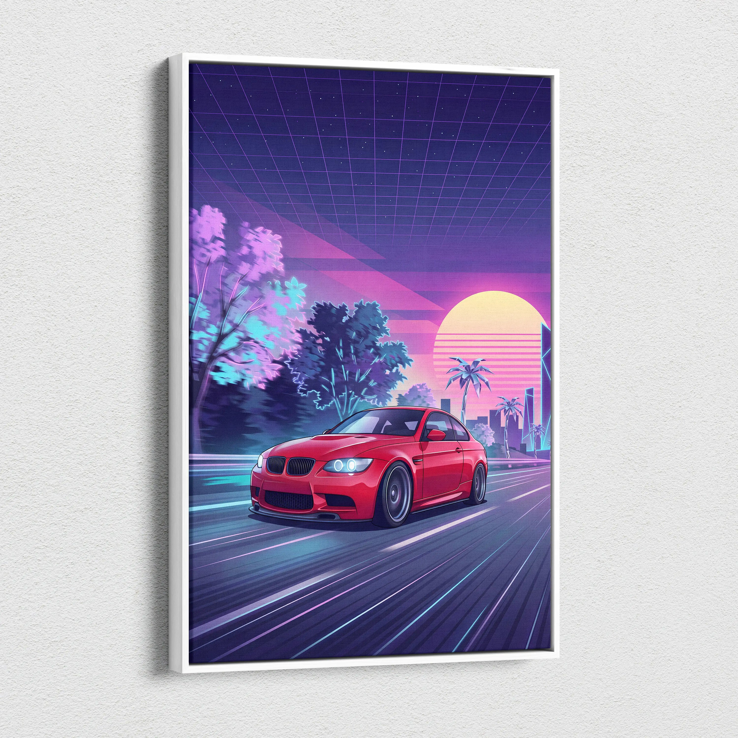 BMW M3 Inspired Neon Sunset Drive Canvas - Car Art Neon Pink Purple Living Room Decor Vaporwave Retro-Futurism - Nostalgic Mood Canvas