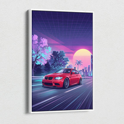 BMW M3 Inspired Neon Sunset Drive Canvas - Car Art Neon Pink Purple Living Room Decor Vaporwave Retro-Futurism - Nostalgic Mood Canvas