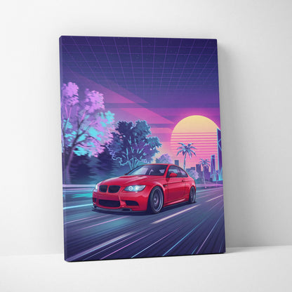 BMW M3 Inspired Neon Sunset Drive Canvas - Car Art Neon Pink Purple Living Room Decor Vaporwave Retro-Futurism - Nostalgic Mood Canvas