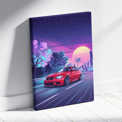 BMW M3 Inspired Neon Sunset Drive Canvas - Car Art Neon Pink Purple Living Room Decor Vaporwave Retro-Futurism - Nostalgic Mood Canvas