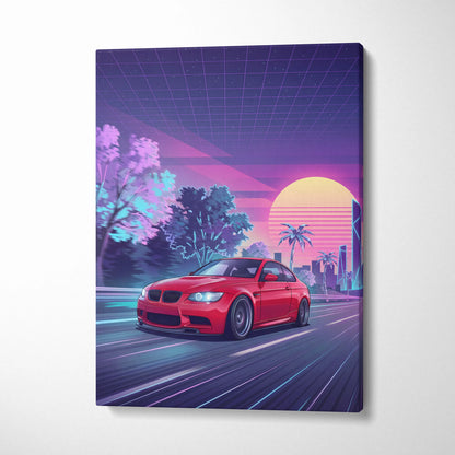 BMW M3 Inspired Neon Sunset Drive Canvas - Car Art Neon Pink Purple Living Room Decor Vaporwave Retro-Futurism - Nostalgic Mood Canvas