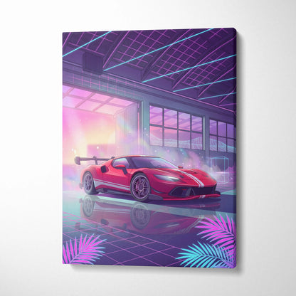 Ferrari 296 Racing Inspired - Crimson Neon Velocity Canvas Sports Car Neon Art Red Blue Energetic Mood Retro Decor Canvas