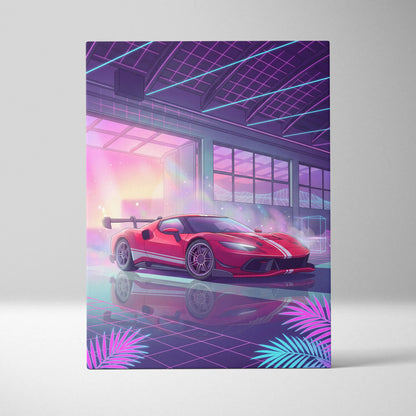 Ferrari 296 Racing Inspired - Crimson Neon Velocity Canvas Sports Car Neon Art Red Blue Energetic Mood Retro Decor Canvas