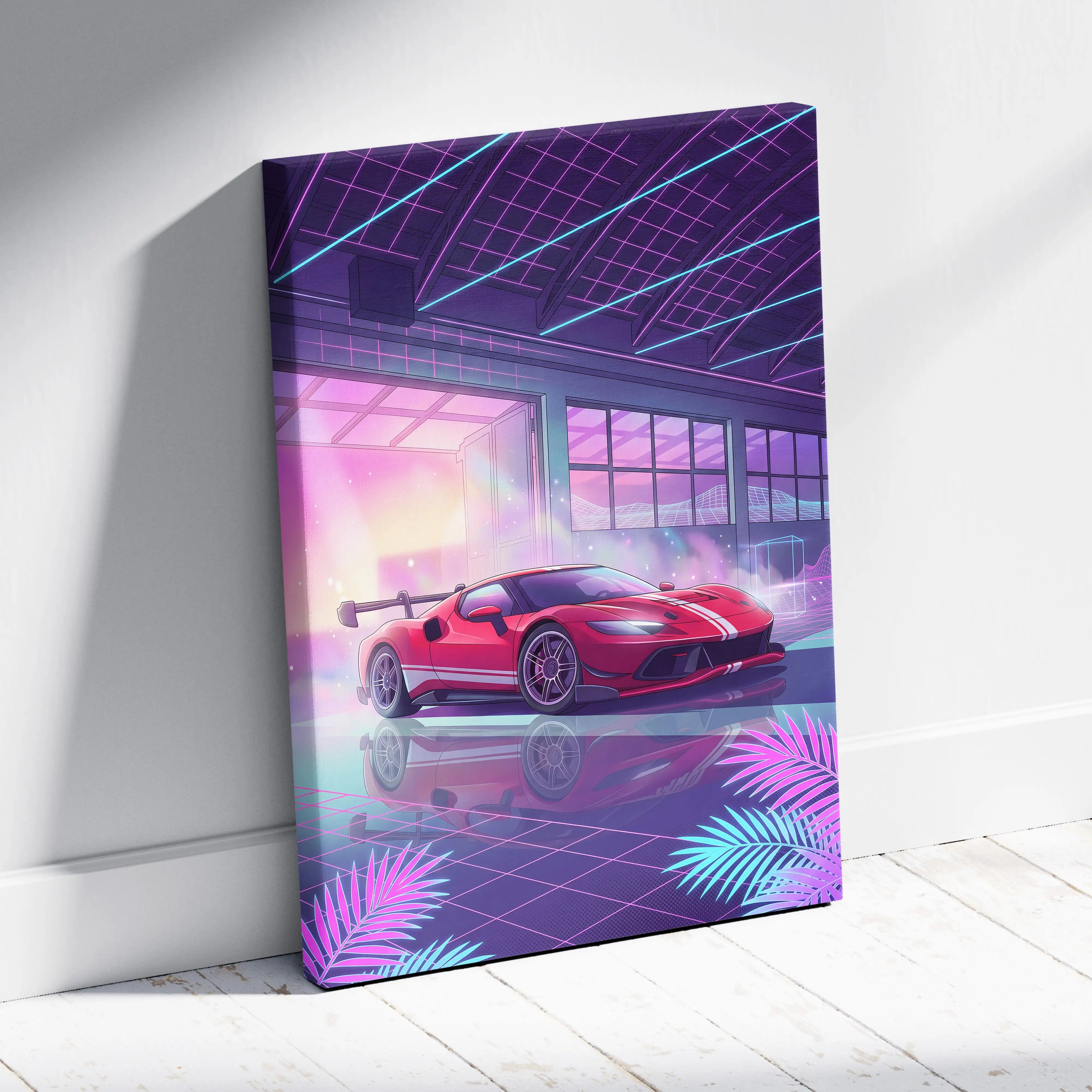 Ferrari 296 Racing Inspired - Crimson Neon Velocity Canvas Sports Car Neon Art Red Blue Energetic Mood Retro Decor Canvas