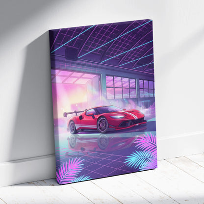 Ferrari 296 Racing Inspired - Crimson Neon Velocity Canvas Sports Car Neon Art Red Blue Energetic Mood Retro Decor Canvas