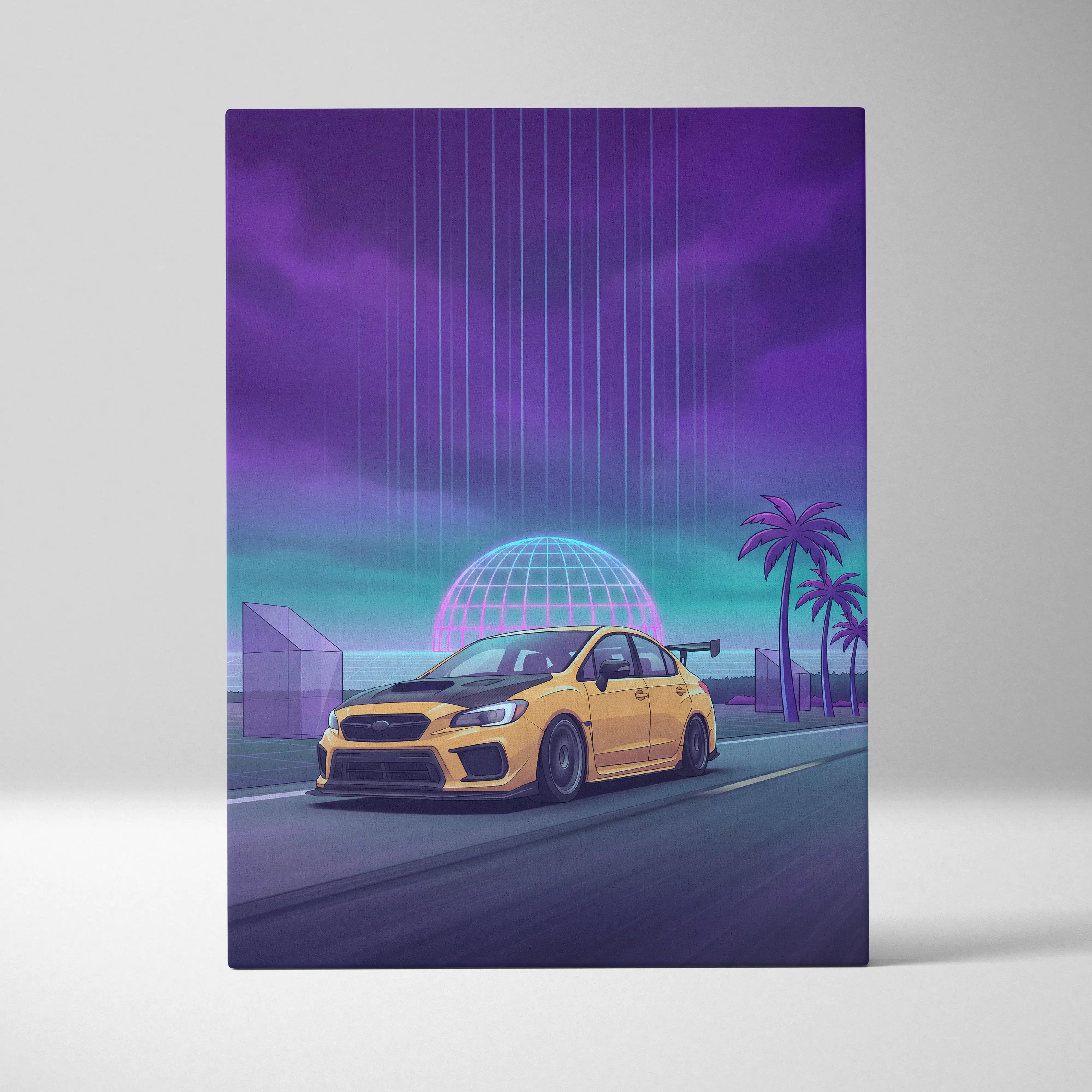 Yellow Subaru WRX STI sports car with black hood and racing spoiler in neon purple teal cyberpunk art scene