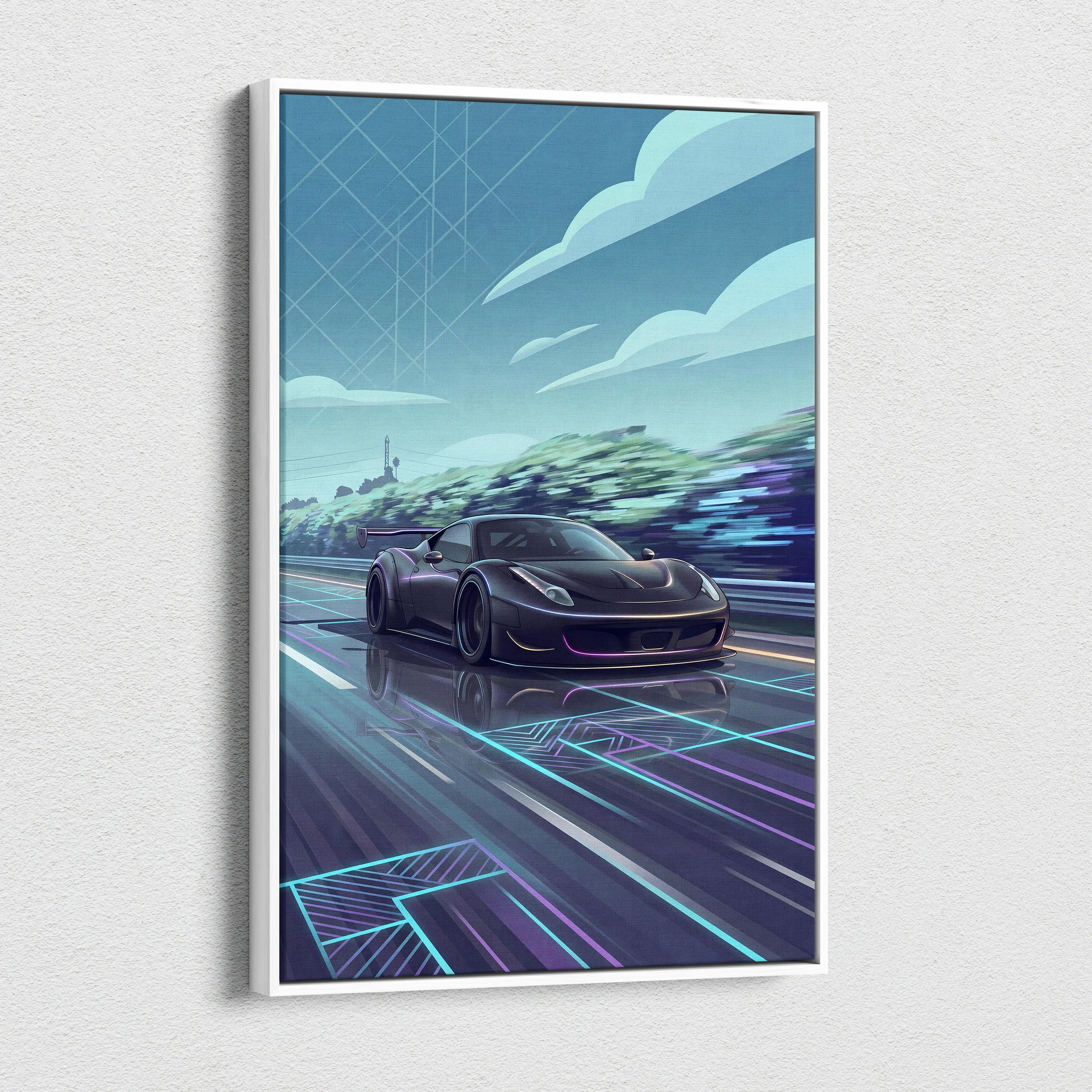 Ferrari 458 Inspired Vaporwave Neon Skyline Ride - Car Art Print Neon Blue Pink Living Room Vaporwave Canvas