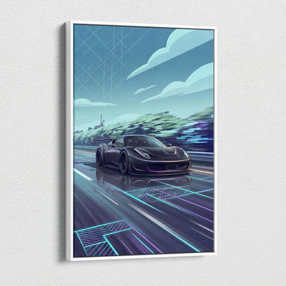 Ferrari 458 Inspired Vaporwave Neon Skyline Ride - Car Art Print Neon Blue Pink Living Room Vaporwave Canvas