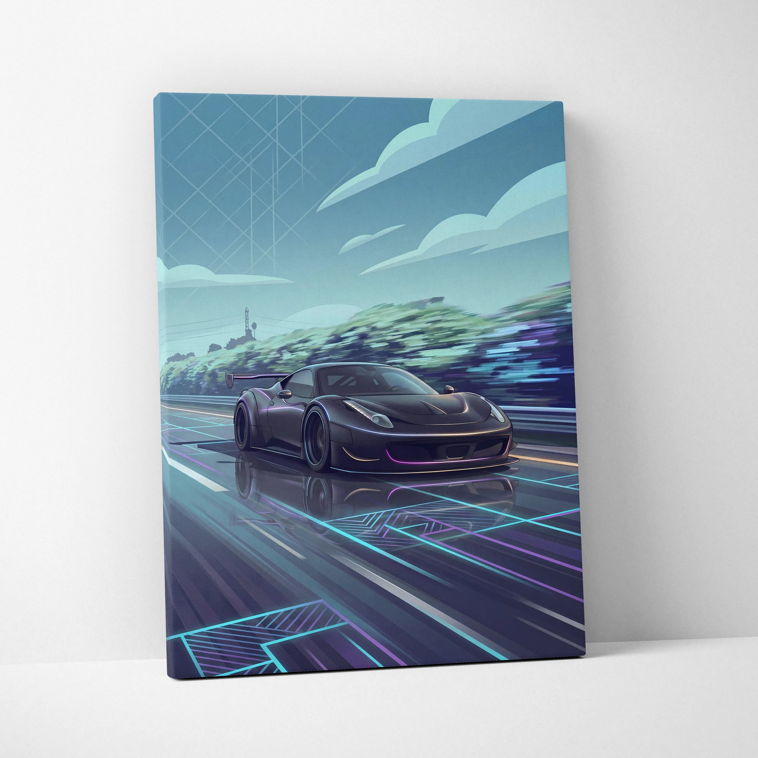 Ferrari 458 Inspired Vaporwave Neon Skyline Ride - Car Art Print Neon Blue Pink Living Room Vaporwave Canvas