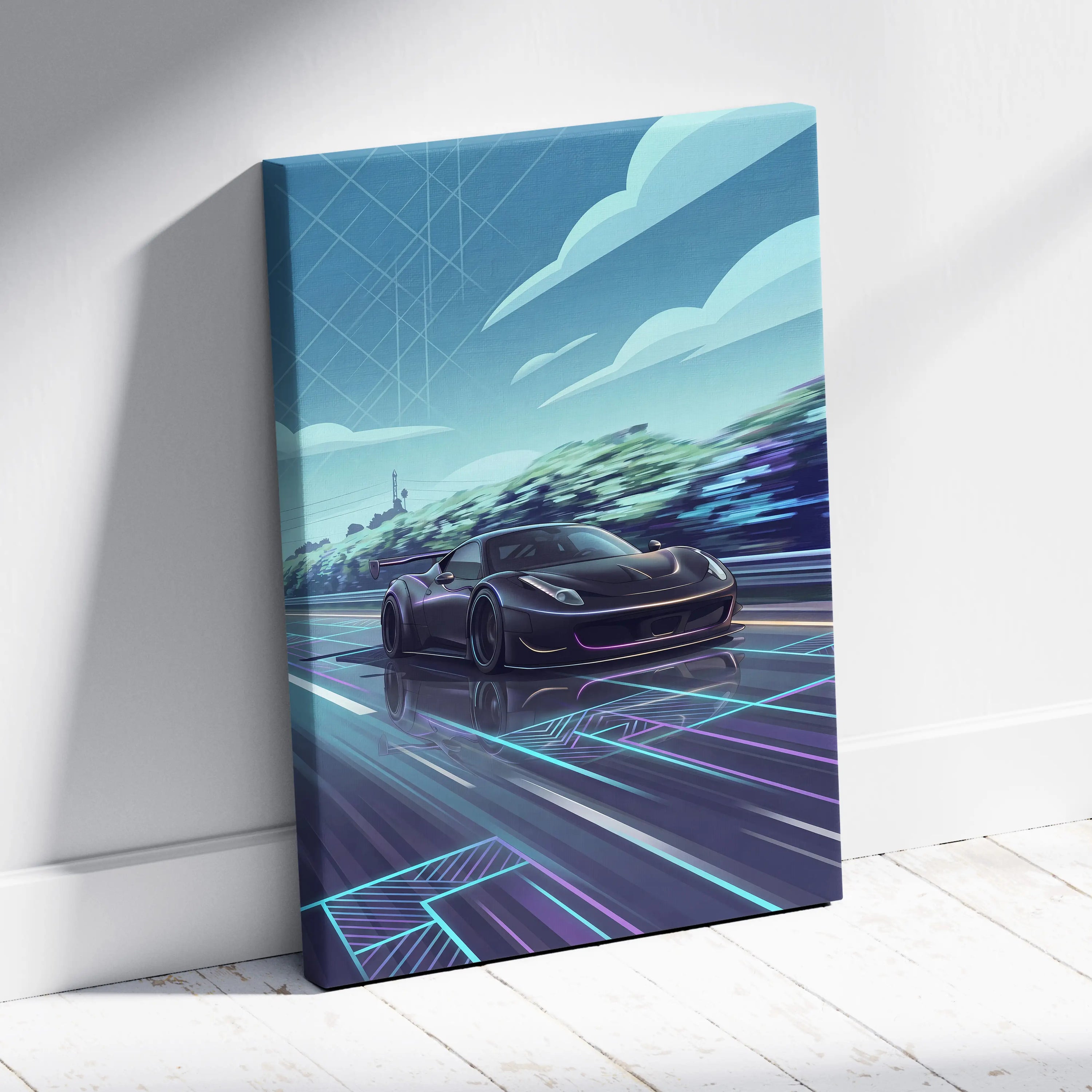 Ferrari 458 Inspired Vaporwave Neon Skyline Ride - Car Art Print Neon Blue Pink Living Room Vaporwave Canvas