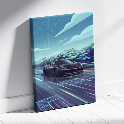 Ferrari 458 Inspired Vaporwave Neon Skyline Ride - Car Art Print Neon Blue Pink Living Room Vaporwave Canvas