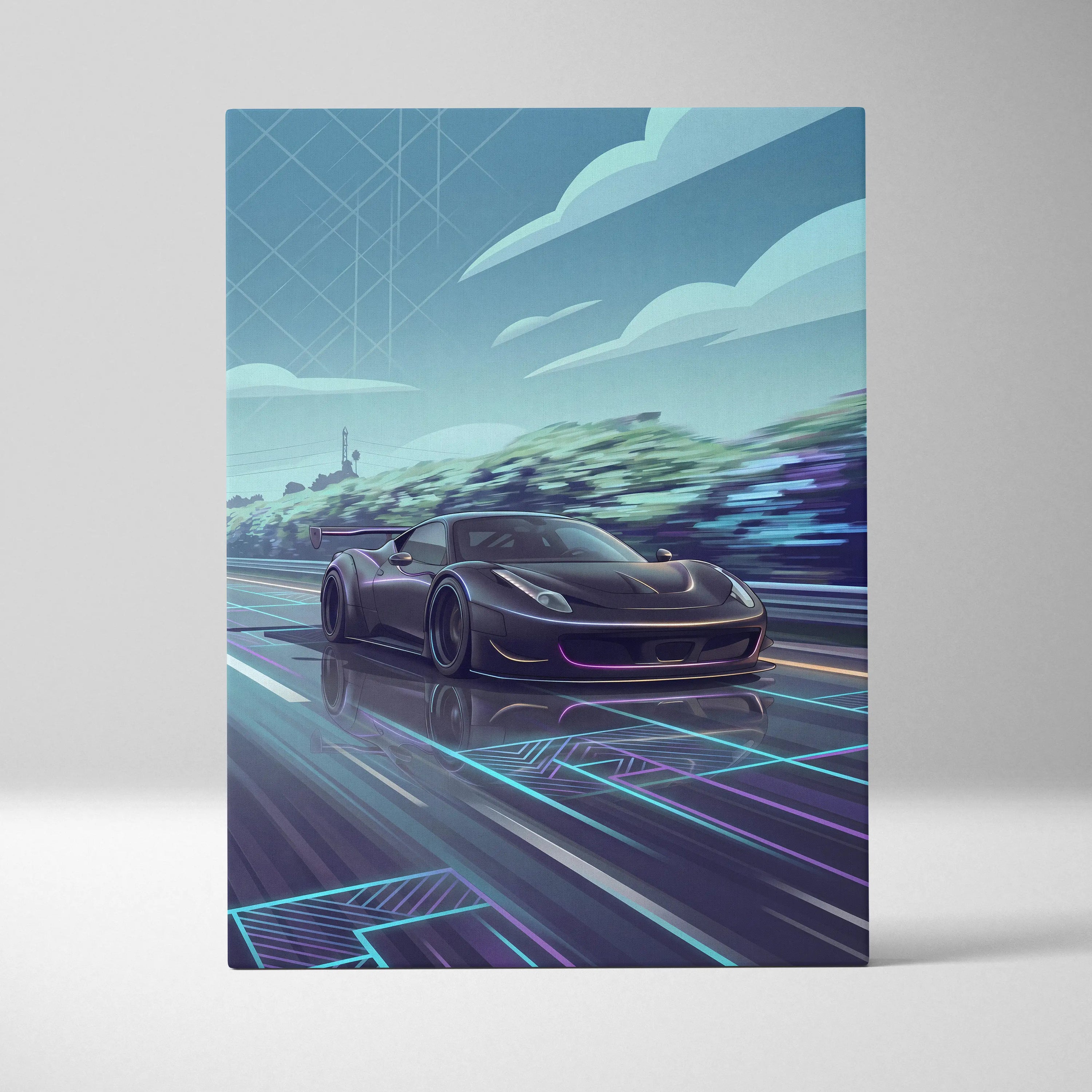 Ferrari 458 Inspired Vaporwave Neon Skyline Ride - Car Art Print Neon Blue Pink Living Room Vaporwave Canvas