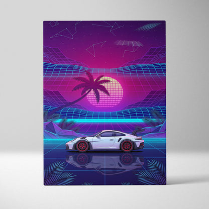 Porsche 911 GT3 RS Inspired White Purple Canvas Wall Art Vaporwave Sports Car Artwork Neon Palm Garage Decor Retro Futuristic Sunset Print