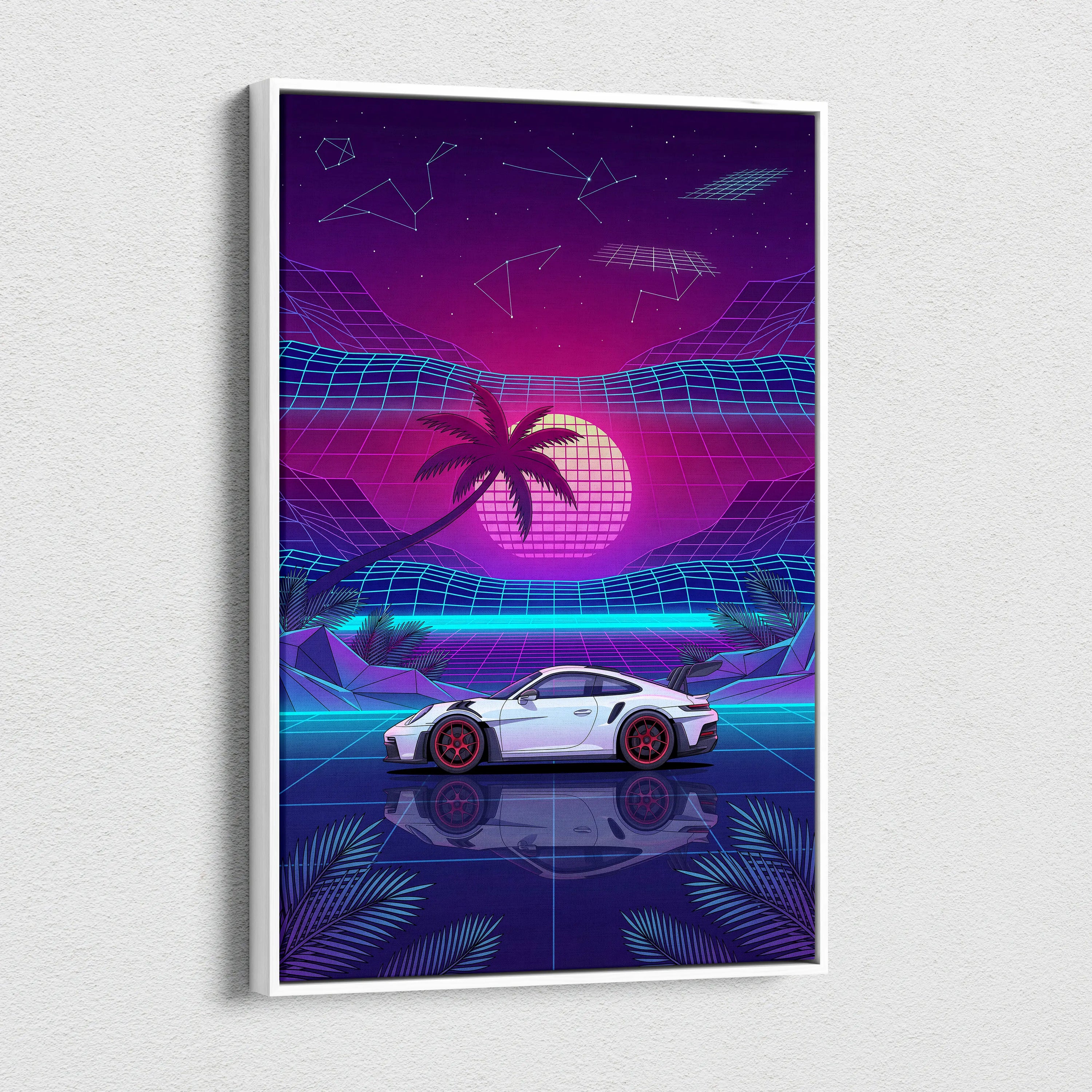 Porsche 911 GT3 RS Inspired White Purple Canvas Wall Art Vaporwave Sports Car Artwork Neon Palm Garage Decor Retro Futuristic Sunset Print