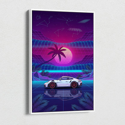 Porsche 911 GT3 RS Inspired White Purple Canvas Wall Art Vaporwave Sports Car Artwork Neon Palm Garage Decor Retro Futuristic Sunset Print