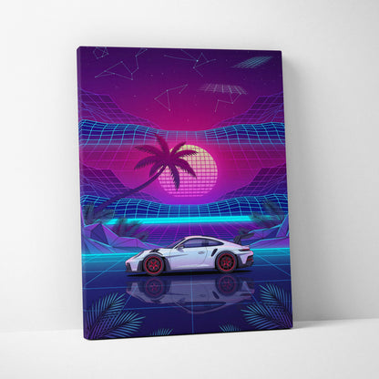 Porsche 911 GT3 RS Inspired White Purple Canvas Wall Art Vaporwave Sports Car Artwork Neon Palm Garage Decor Retro Futuristic Sunset Print