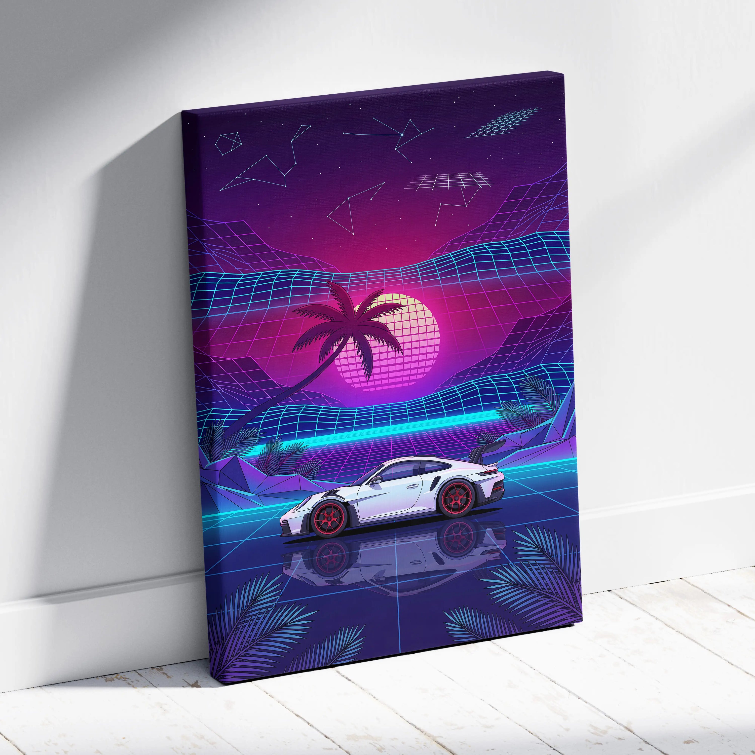 Porsche 911 GT3 RS Inspired White Purple Canvas Wall Art Vaporwave Sports Car Artwork Neon Palm Garage Decor Retro Futuristic Sunset Print