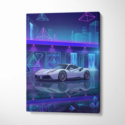 Ferrari 488 Inspired White Purple Canvas Wall Art Vaporwave Supercar Artwork Neon Crystal Garage Decor Retro Futuristic City Print