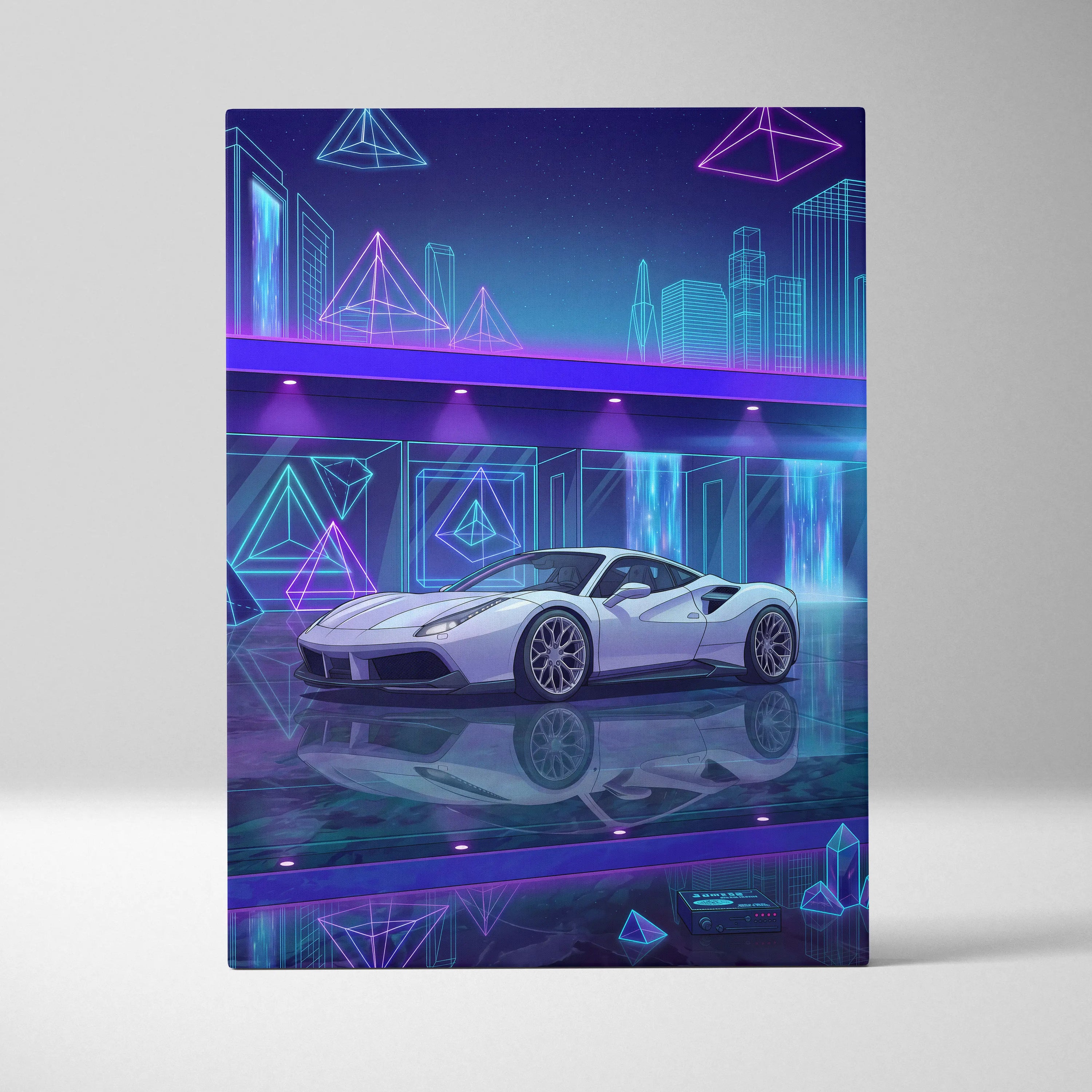 Ferrari 488 Inspired White Purple Canvas Wall Art Vaporwave Supercar Artwork Neon Crystal Garage Decor Retro Futuristic City Print