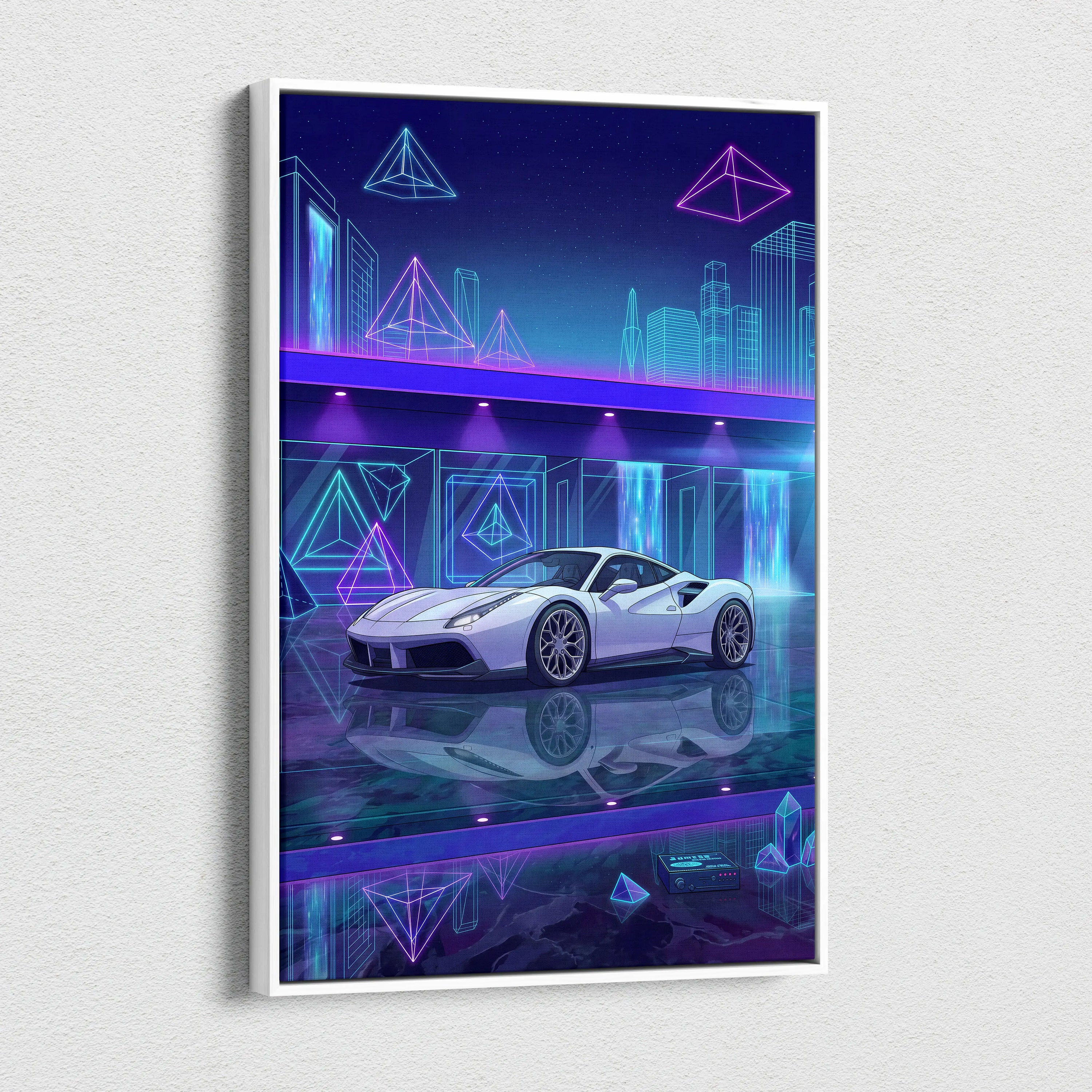 Ferrari 488 Inspired White Purple Canvas Wall Art Vaporwave Supercar Artwork Neon Crystal Garage Decor Retro Futuristic City Print