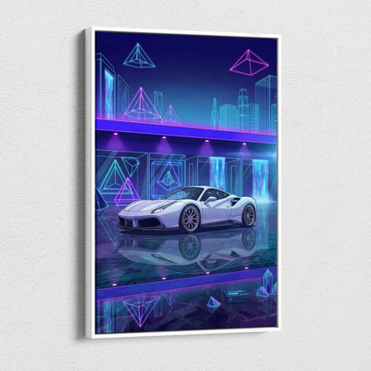 Ferrari 488 Inspired White Purple Canvas Wall Art Vaporwave Supercar Artwork Neon Crystal Garage Decor Retro Futuristic City Print