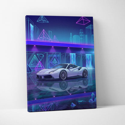Ferrari 488 Inspired White Purple Canvas Wall Art Vaporwave Supercar Artwork Neon Crystal Garage Decor Retro Futuristic City Print