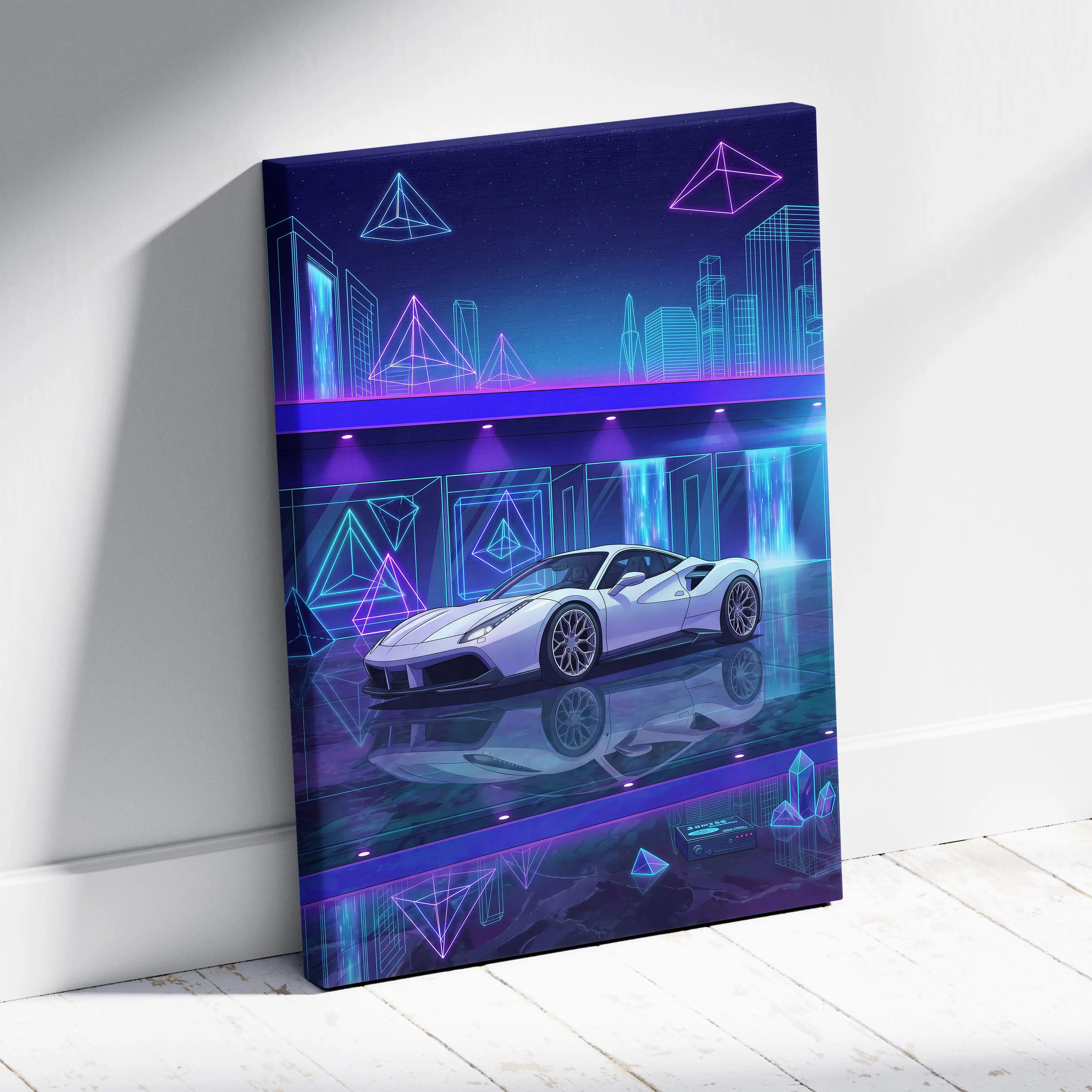 Ferrari 488 Inspired White Purple Canvas Wall Art Vaporwave Supercar Artwork Neon Crystal Garage Decor Retro Futuristic City Print