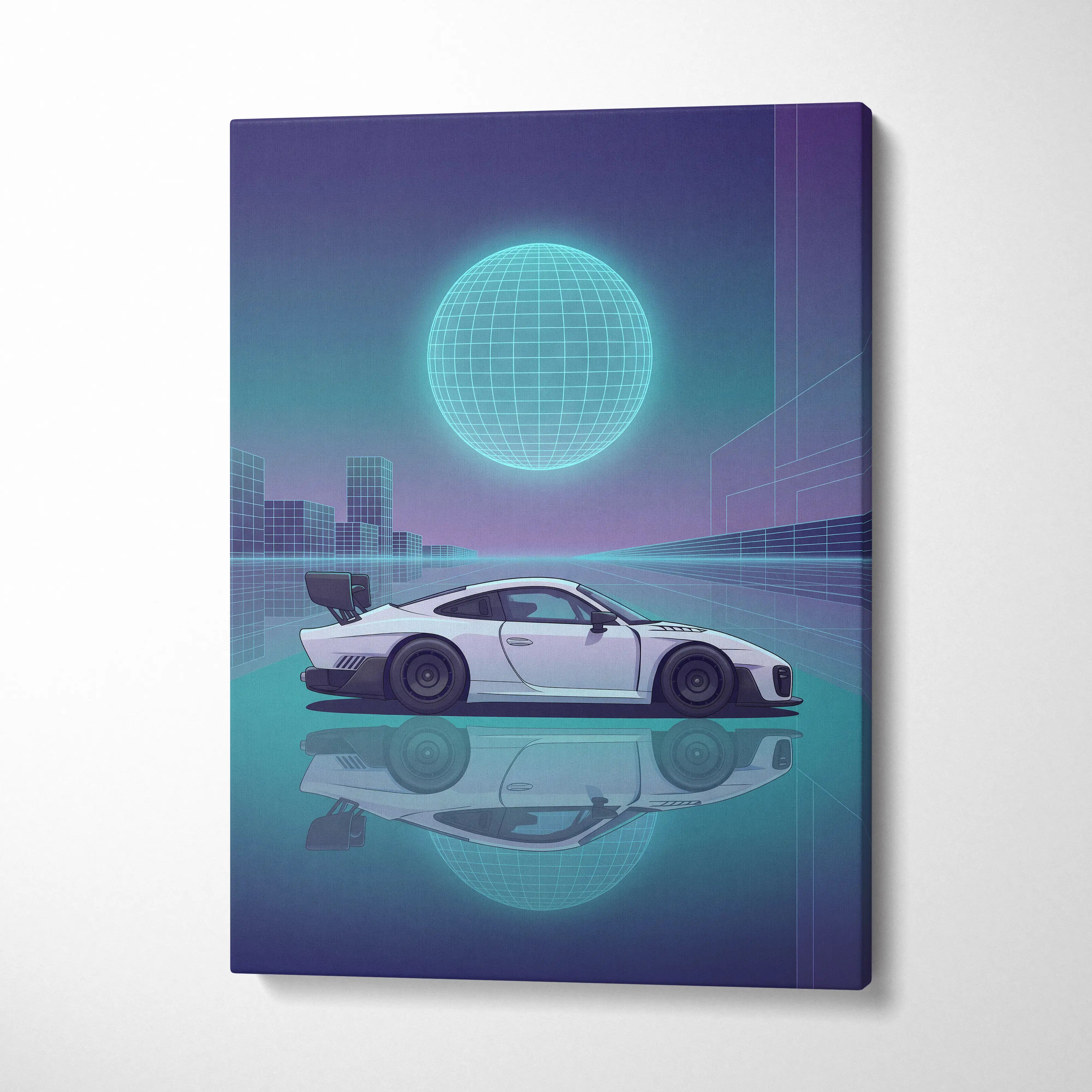 Porsche 935 Inspired White Teal Canvas Wall Art Vaporwave Race Car Artwork Neon Grid Garage Decor Retro Futuristic Motorsport Print