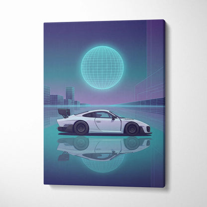 Porsche 935 Inspired White Teal Canvas Wall Art Vaporwave Race Car Artwork Neon Grid Garage Decor Retro Futuristic Motorsport Print